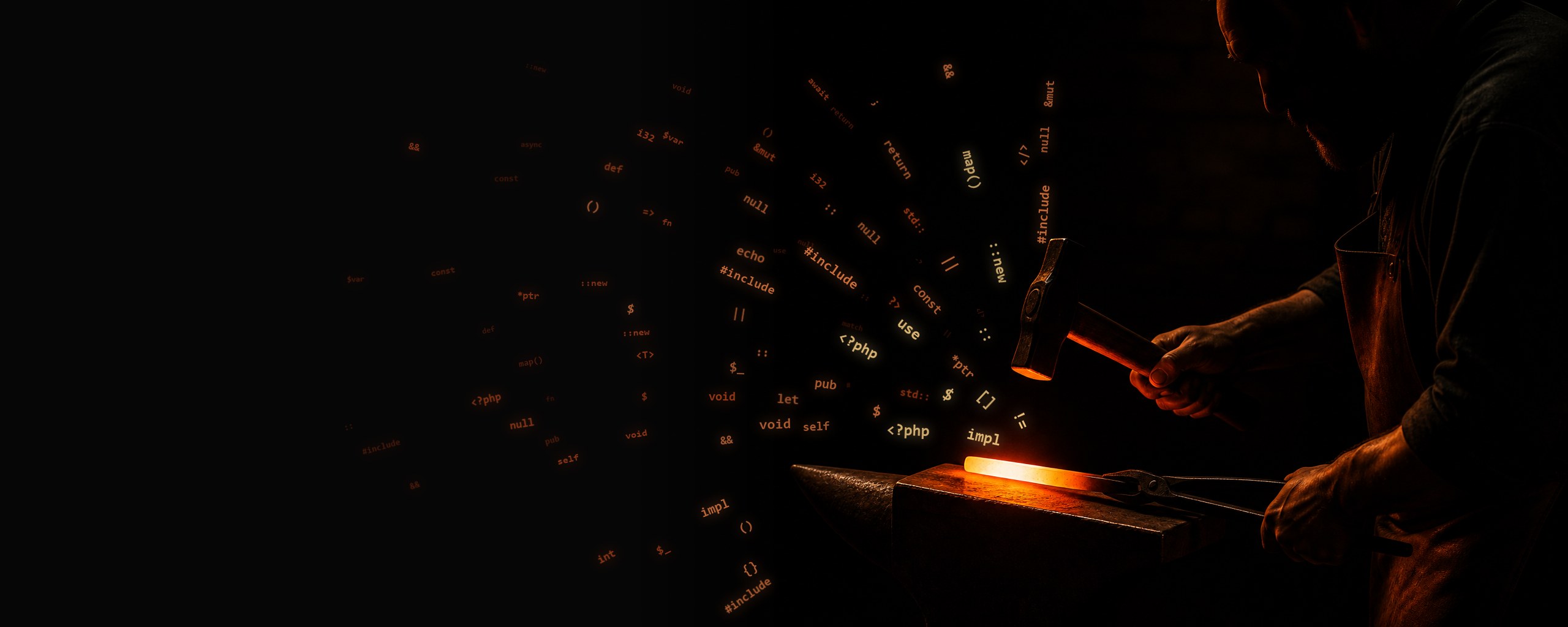 A blacksmith striking hot steel on an anvil, the sparks flying from the strike are fragments of source code