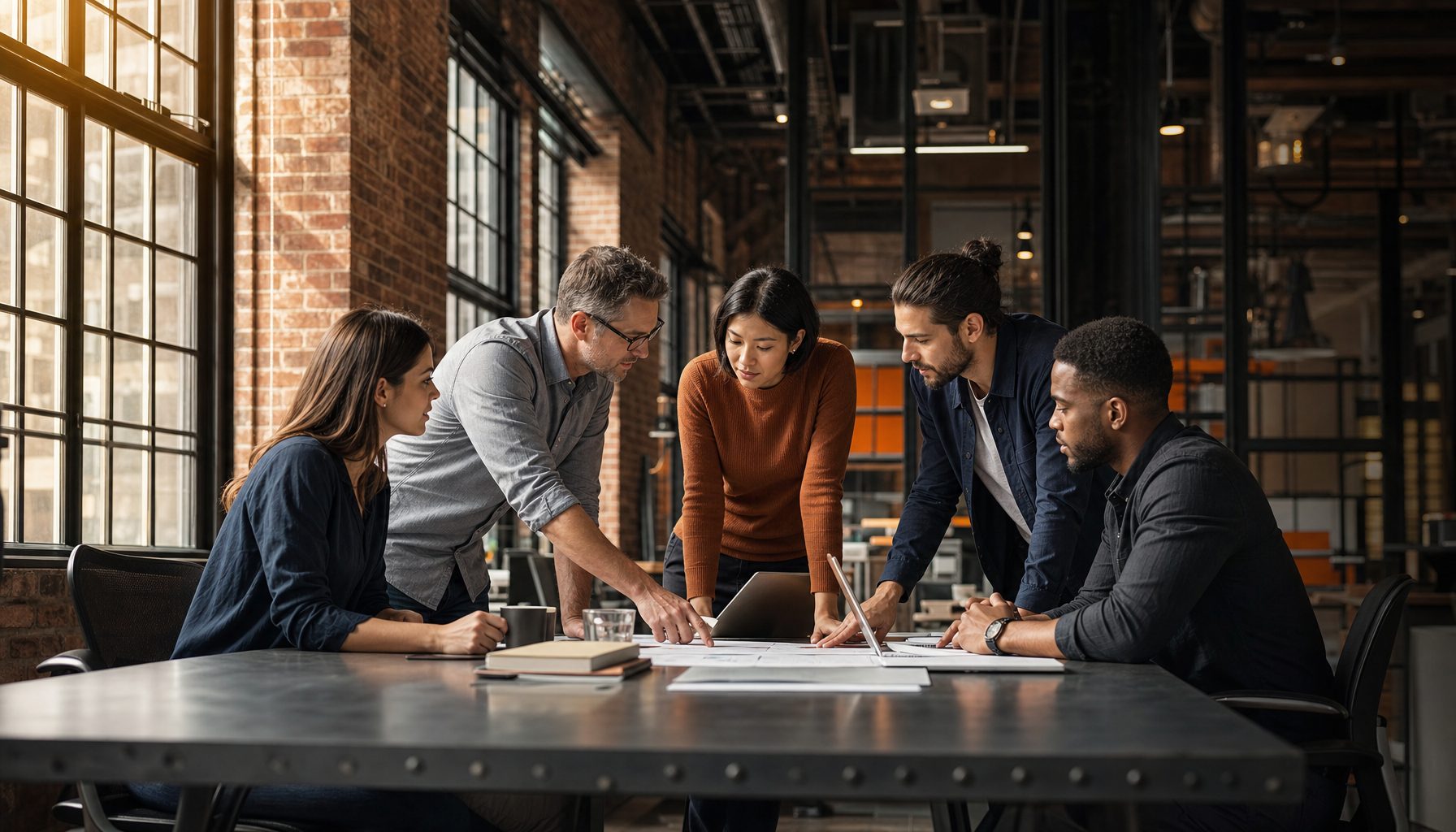 Engineering team collaborating in a converted mill office